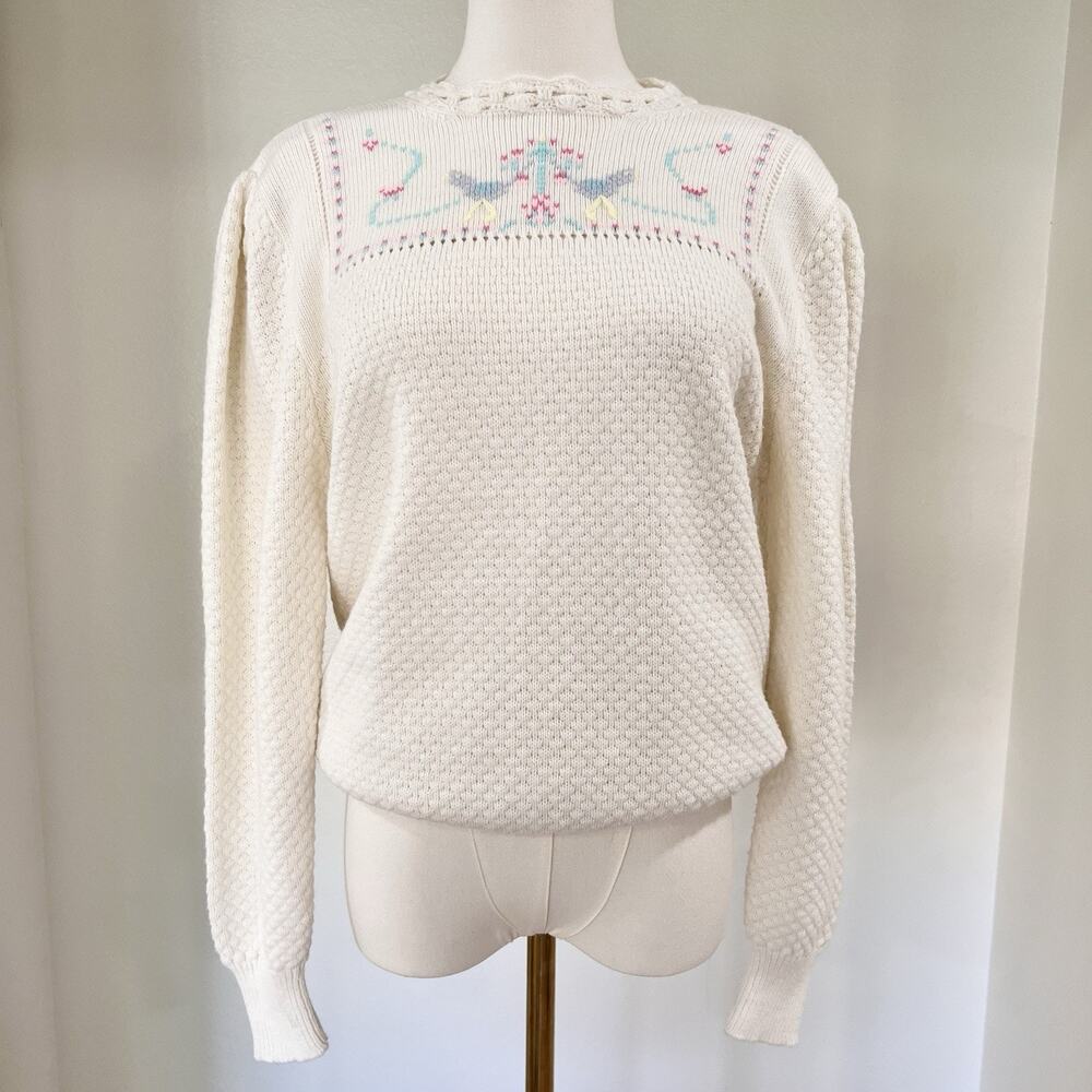 Vintage Knit Sweater Cottagecore Bird Embroider (L) Granny Artisan Romantic